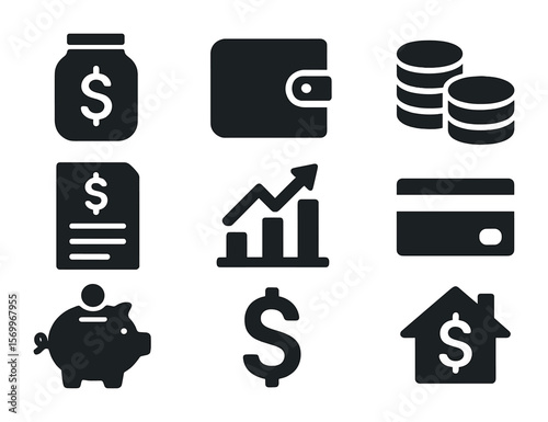 Financial Goals Icons. Solid, filled icons set of financial goals for families: savings jar, wallet icon, coin