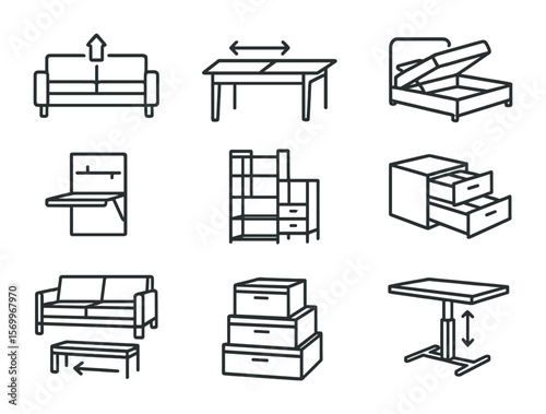 Multifunctional Furniture Icons. Outline icon set of multifunctional furniture designs: convertible sofa,