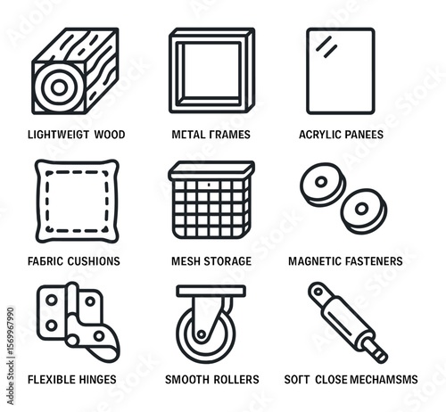 Small Space Furniture Icons. Outline icon set of materials for small space furniture: lightweight wood, metal