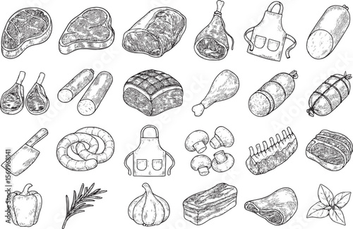 Butcher Shop Meat Cuts and Cooking Icons Sketch Collection