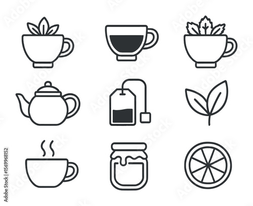 Tea Icon Set. Outline icon set of tea varieties: green tea, black tea, herbal tea, tea pot, tea bag, tea leaf,