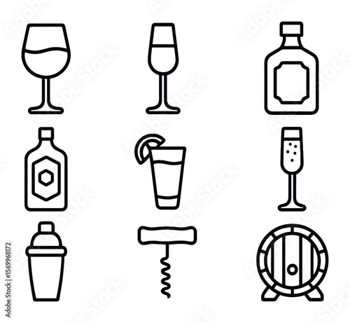 Wine & Spirits Icons. Outline icon set of wine and spirits: red wine glass, white wine glass, whiskey bottle,