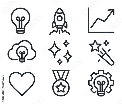 Creative Inspiration Icons. Outline icon set of creative inspiration and trends: light bulb, rocket launch,