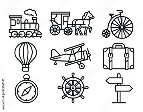 Vintage Transport Icons. Outline icon set of vintage transportation and travel: steam train, horse carriage,