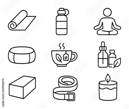 Yoga Essentials Icons. Outline icon set of yoga and hydration: yoga mat, water bottle, lotus pose, meditation