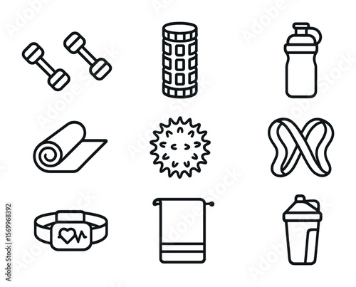 Gym Recovery Icons. Outline icon set of gym and recovery tools: dumbbells, foam roller, water bottle, yoga mat