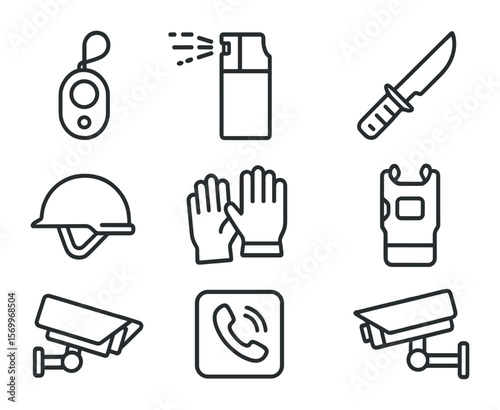 Safety Equipment Icons. Outline icon set of safety and defense equipment: personal alarm, pepper spray,