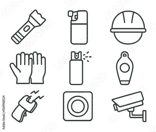 Personal Protection Icons. Outline icon set of personal protection tools: tactical flashlight, mace spray,