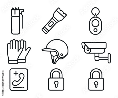 Safety Icons Grid. Outline icon set of safety and self-defense: mace, tactical flashlight, personal alarm,