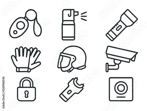 Self-Defense Icon Set. Outline icon set of self-defense equipment: personal alarm, pepper spray, tactical