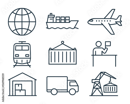 Global Trade Icons. Outline icon set of worldwide trade routes: globe, cargo ship, airplane, freight train,