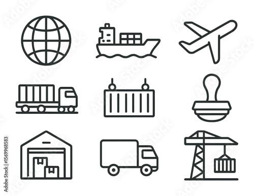 Global Trade Icons. Outline icon set of global market networks: globe, cargo ship, airplane, freight train,