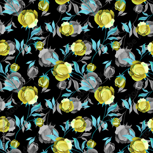 Seamless pattern of hand-painted watercolor yellow roses on ablack background, perfect for elegant fabric, wallpaper, and stationery designs.