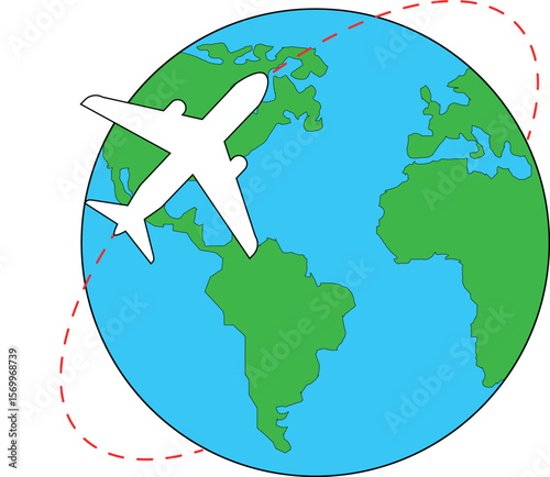 Airplane flying around the globe vector illustration with dotted red flight path, symbolizing travel, tourism, international flights and global connection