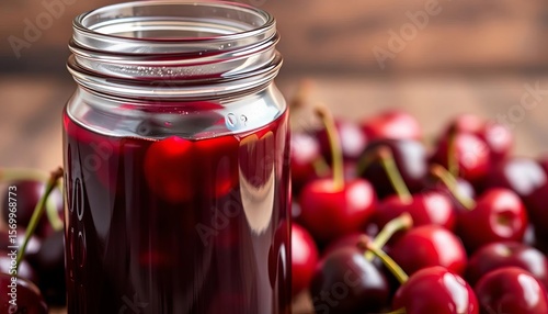 Homemade cherry syrup in a glass jar, glistening cherries,   dark red,   pie