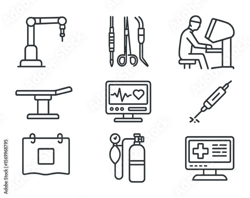 Robotic Surgery Icons. Outline icon set of precision robotic surgery: robotic arm, surgical instruments,