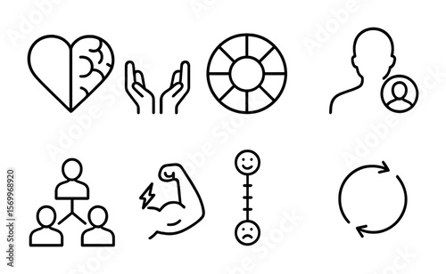 Emotional Intelligence Icons. Outline vector icons of emotional intelligence: heart-brain symbol, empathy