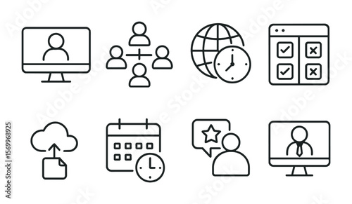 Remote Leadership Icons. Outline vector icons of remote leadership: video conference, virtual team, time zones