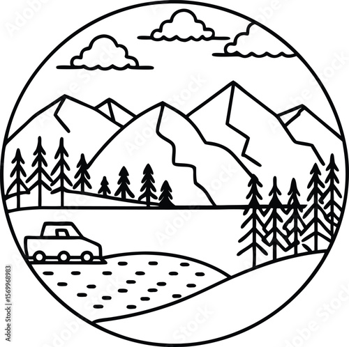 Mountainous Journey in a Circle: Capturing a serene landscape, this illustration depicts a car traveling through mountains and trees, inviting the viewer to imagine the journey. 