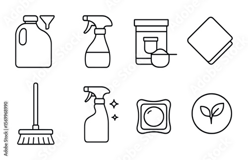 Eco Cleaning Icons. Outline vector icons of sustainable cleaning: refill bottle, vinegar spray, baking soda,