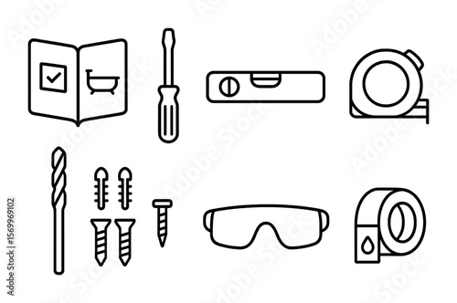 DIY Bathroom Icons. Outline vector icons of DIY bathroom upgrades: instruction manual, screwdriver, leveler,