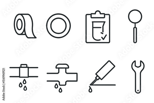 Leak Prevention Icons. Outline vector icons of leak prevention: sealing tape, gasket ring, leak test,