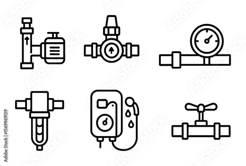 Water Pressure Icons. Outline vector icons of water pressure systems: pressure booster, regulator valve, flow