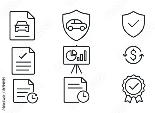 Car Insurance Icons. Outline vector icons of car insurance policy: policy document, car icon, shield symbol,