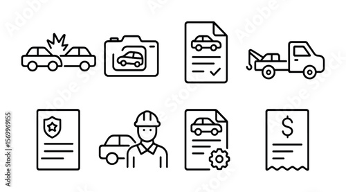 Car Accident Claim Icons. Outline vector icons of car accident claim: crash symbol, damage photo, claim form,