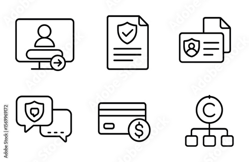 Online Insurance Icons. Outline vector icons of online insurance portal: login screen, policy overview,