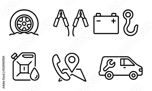 Roadside Assistance Icons. Outline vector icons of roadside assistance: flat tire, jump start, battery icon,