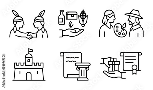 Colonial Icon Set. Outline vector icons of colonial encounters: native handshake, trade goods, cultural