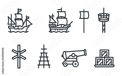15th Century Ship Icons. Outline vector icons of 15th century ships: caravel, galleon, sails icon, rudder,