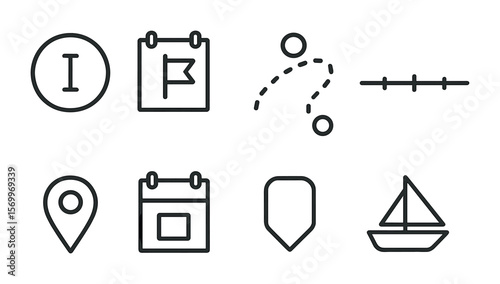 Exploration Timeline Icons. Outline vector icons of exploration timelines: century marker, event icon,