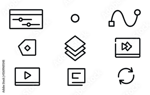 Animation Tool Icons. Outline vector icons of logo animation tools: timeline panel, keyframe dot, motion path,