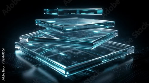 Illuminated glass panels stacked with glowing edges showcasing modern design and technology
