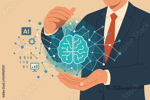 AI technology, machine learning concept. Businessman hands hold abstract digital brain, science network connection. Data exchange, deep learning, innovative business future.