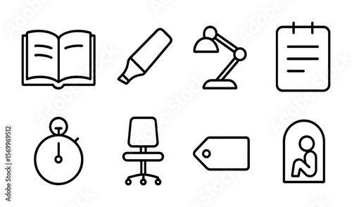 Study Icons Set. Outline vector icons of study concentration: open book, highlighter, reading lamp, note page,