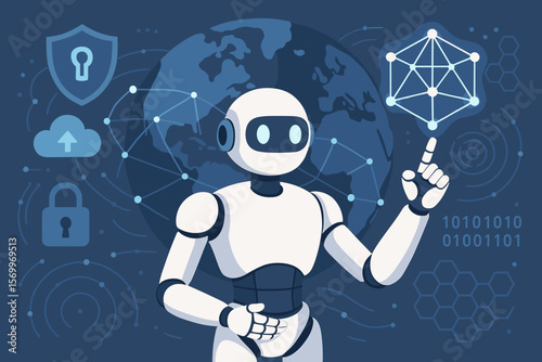 AI smart robot with a global network background. Concept for artificial intelligence, cybersecurity, data protection, cloud computing, innovation, science and futuristic tech.