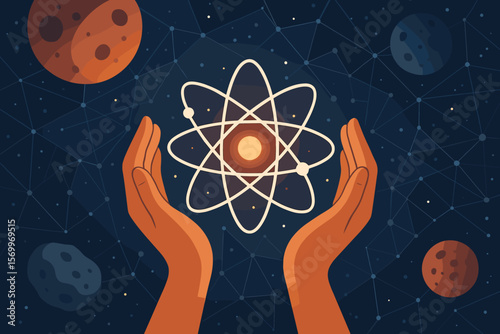 Hands holding atomic particle symbol. Science research and discovery concept. Nuclear energy, physics and technology. Universe, space, planets and network vector illustration.