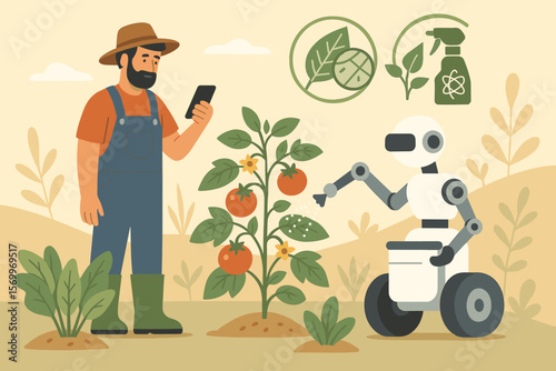 AI in agriculture. Farmer using smartphone to control robot assistant for smart farming. Robotic spraying, crop monitoring, foliar fertilization, and leaf analysis concept.