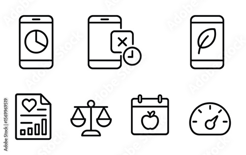 Digital Wellbeing Icons. Outline vector icons of digital wellbeing: screen time, app limit, focus mode, phone