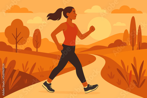 Active young woman power walking on a path in the park at sunset. Healthy lifestyle concept with female athlete exercising outdoors on a country road. Fitness vector illustration.