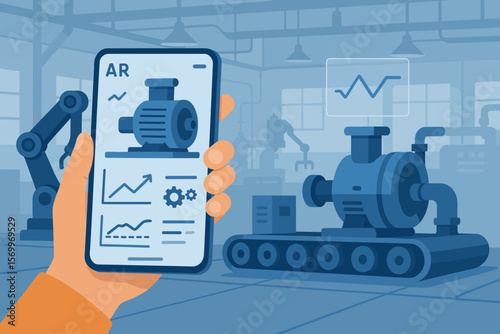 Industrial 4.0 augmented reality concept. Hand holds phone with AR application for machine diagnostics and monitoring on a smart factory production line with robotic arms.