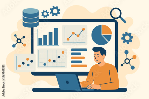 Data analyst at work. Man analyzing information on computer screen with charts, graphs. Big data visualization, business analytics dashboard, and financial report vector concept.