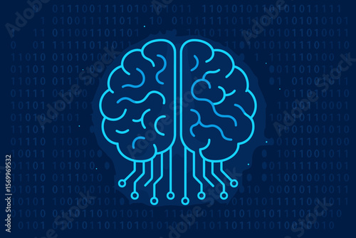 Artificial intelligence AI vector. Digital brain with circuit board and binary code background. Machine learning technology metaphor. Futuristic computer mind, big data processing.
