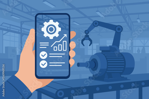 Industry 4.0 and smart factory automation. Engineer using an augmented reality smartphone app to control production. AR, IoT technology for managing robotic arms and machines.