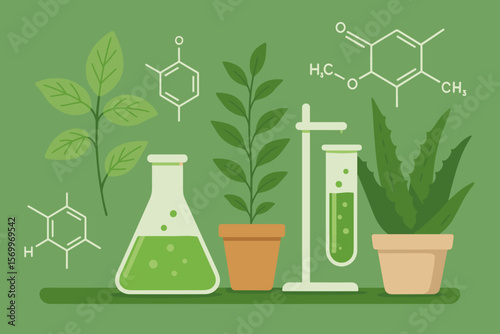 Biology laboratory with plants and biochemistry structure. Science research in phytochemistry, botany. Natural organic experiment with chemical formulas. Flat vector illustration.
