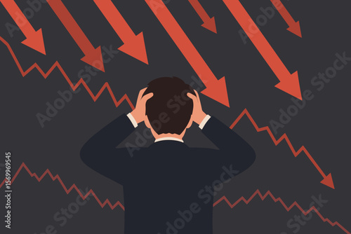 Stock market crash with stressed businessman in despair. Financial crisis concept. Economic recession, investment loss and business failure. Red arrows and chart graph going down.