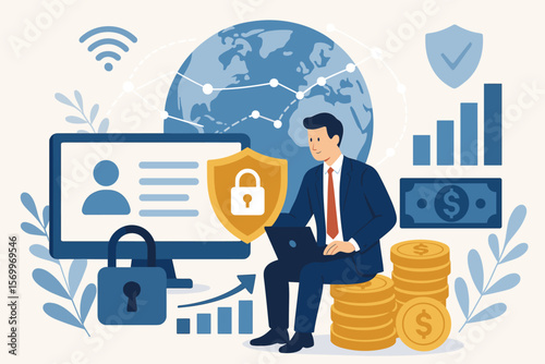 Cybersecurity concept for global business and finance. Businessman protecting data privacy online. Internet network connection security, safe banking and investment growth.